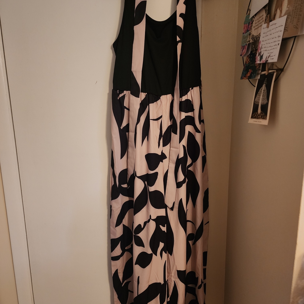 SHEIN Black and Cream Leaf Print Jumpsuit